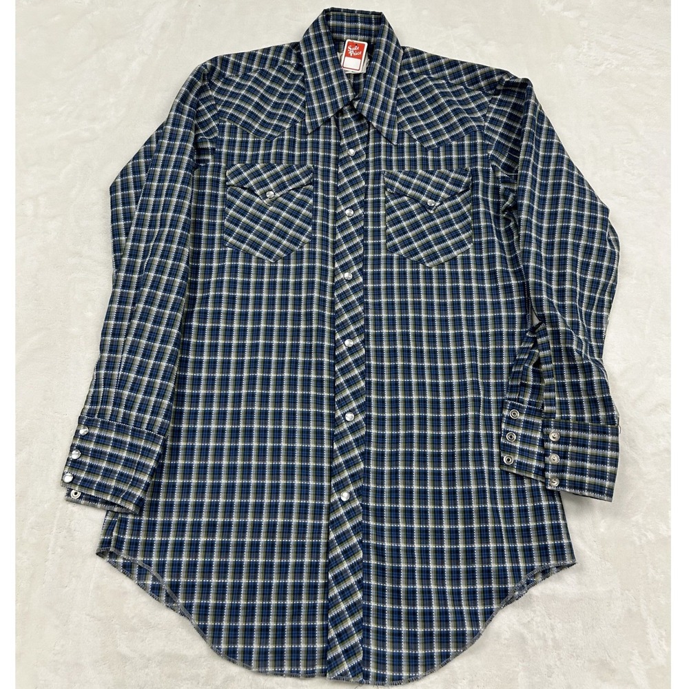H Bar C Western Shirt Mens Medium Blue Green Plaid Pearl Snap Ranchwear